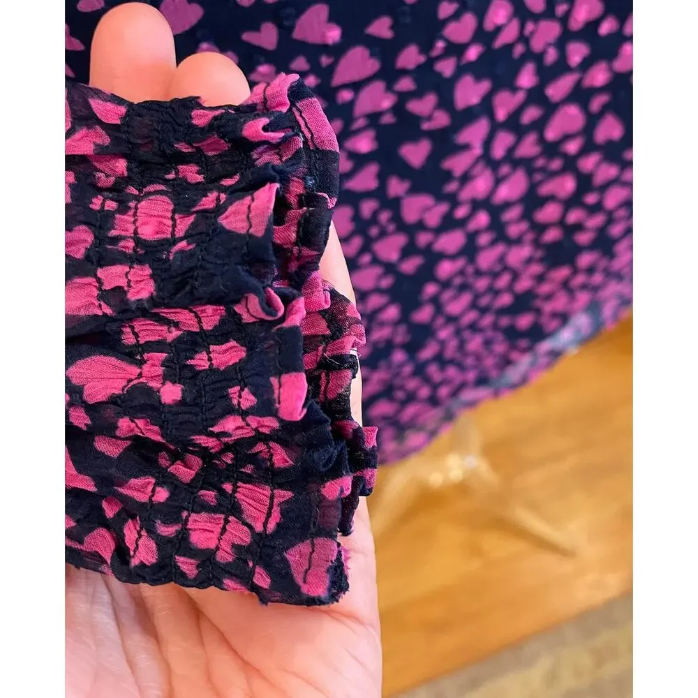 New LOFT Navy Blouse, Pink Hearts, Puff Sleeve, Sheer Sleeve, Size S